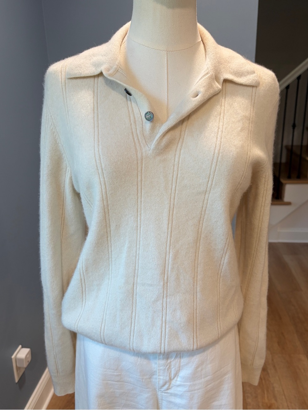 Tasso Elba 100% Cashmere Polo Sweater Ivory Cream Quiet Luxury Small